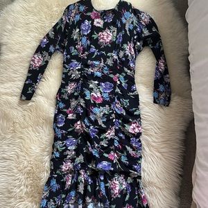 Vintage 1980s Black and Purple Floral Gathered Long Sleeve Wiggle Dress Romantic